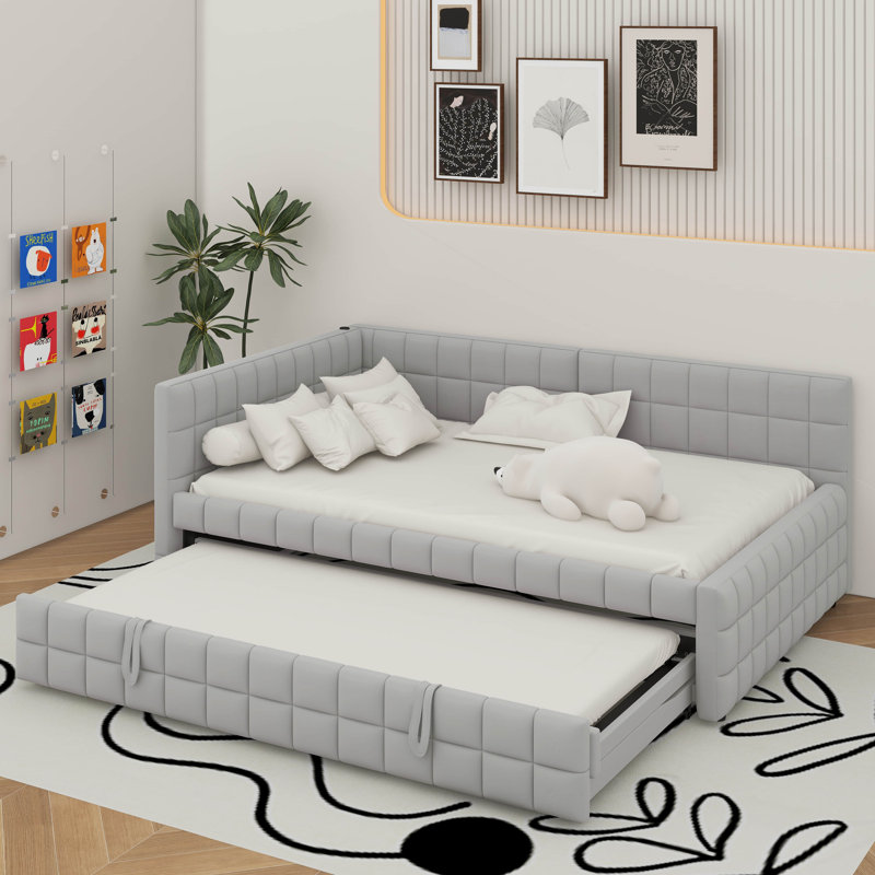 Lit de jour rembourré en L pleine grandeur avec lit gigogne escamotable double et ports USB, Gris