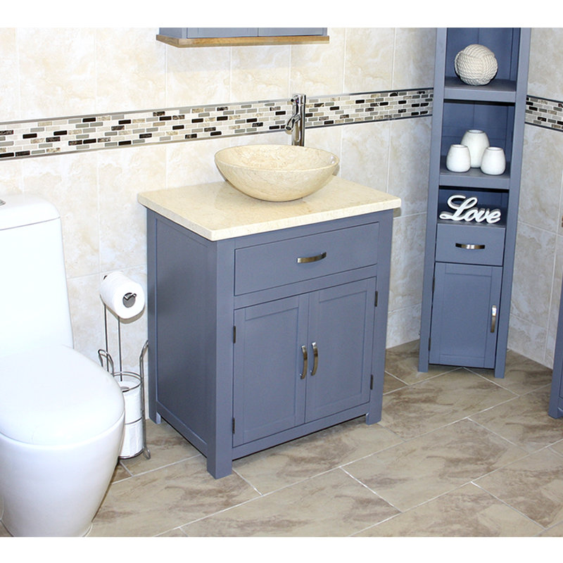 Roden 751mm Single Bathroom Vanity with Vessel Stone Basin, Grey, Cream Marble, Cream