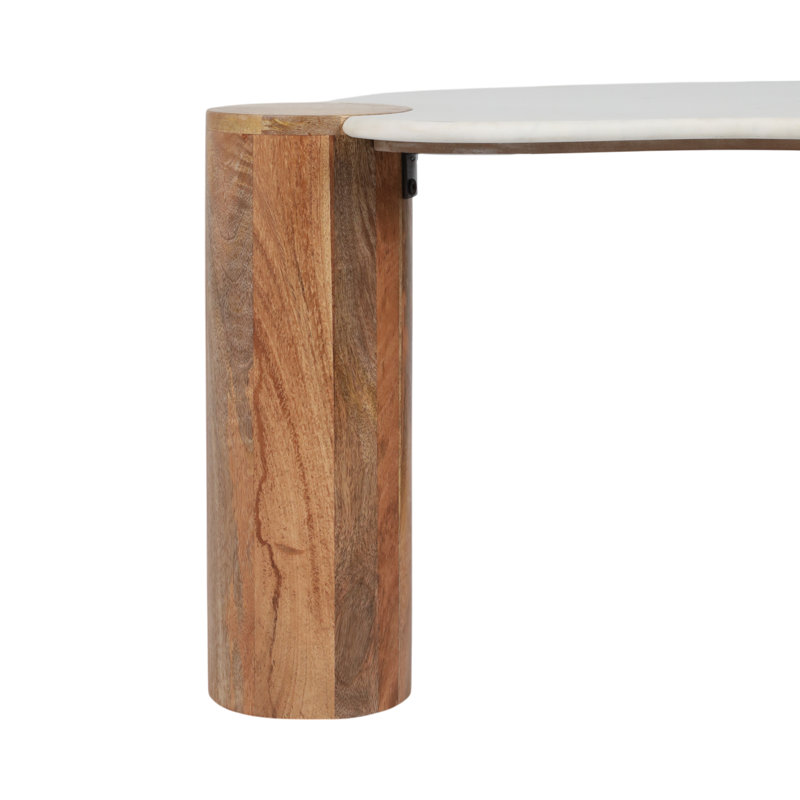 Coffee Table Marble and Wood Curved Top and Cylindrical Legs, Living Room Table - 42" Brown