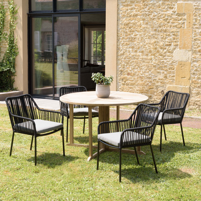 Macalester 4 - Person Patio Dining Set with Round Table , Cushions Included, Black, Grey