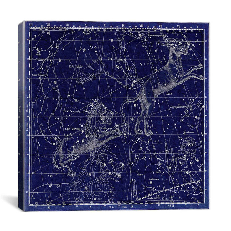 Cartes et graphiques, Atlas céleste - planche 5 (lynx, lion mineur) par Alexander Jamieson, impression sur toile en bleu
