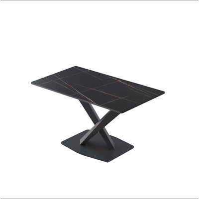 55.12" Modern Artificial Stone Black Straight Edge Black Metal X-Leg Dining Table -6 People