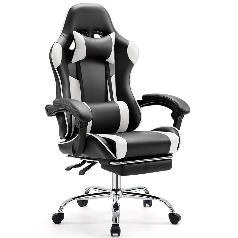  Chaise de bureau de jeu vidéo - ordinateur ergonomique avec repose-pieds et soutien lombaire confortable, fauteuil inclinable en cuir PU avec appui-tête, accoudoir fixe