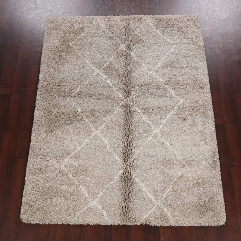 Tapis gris / beige en laine touffeté à la main à motif géométrique