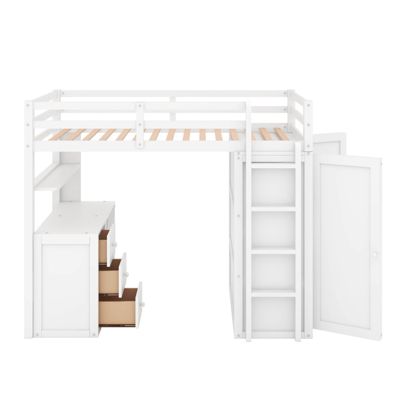 Lit mezzanine simple avec tiroirs, bureau et garde-robe, Blanc
