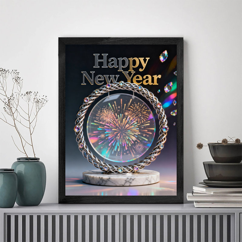 Reproduction d'art encadré noir rétro de bonne année, H 11 po x l 9 po