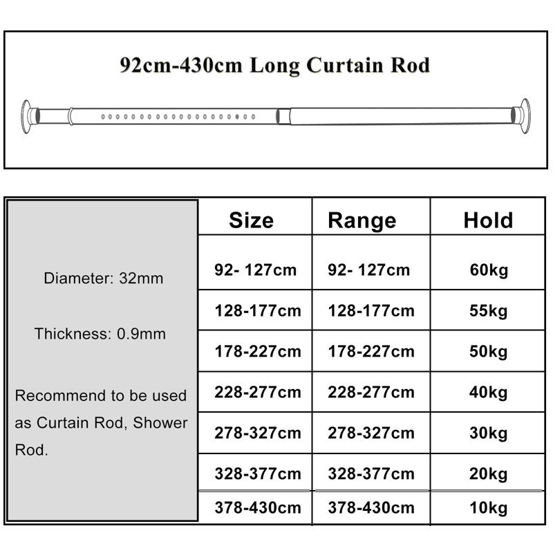Tension Curtain Rod, 7.50cm H x 277cm W x 7.50cm D, White
