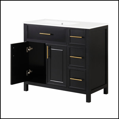 Meuble-lavabo 36 po avec lavabo, armoire en bois massif et panneau de fibres à densité moyenne, deux portes, trois tiroirs, ensemble tout-en-un, finition noire