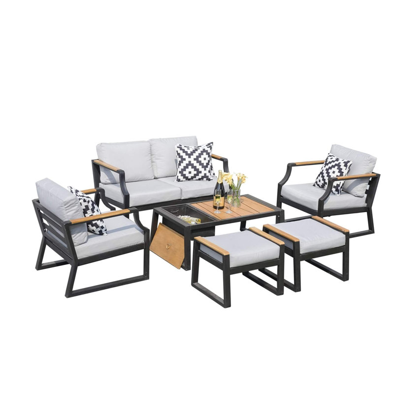 Ensemble de conversation de patio 6 pièces avec causeuse, 2 canapés simples, repose-pieds et table basse avec seau à glace en noir