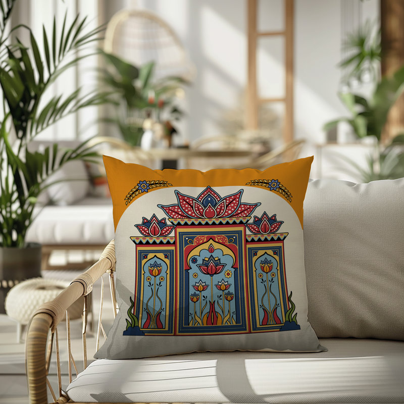 Coussin intérieur / extérieur Kimaya Lotus Arch, Orange / jaune / rouge / bleu, Carré 15 po