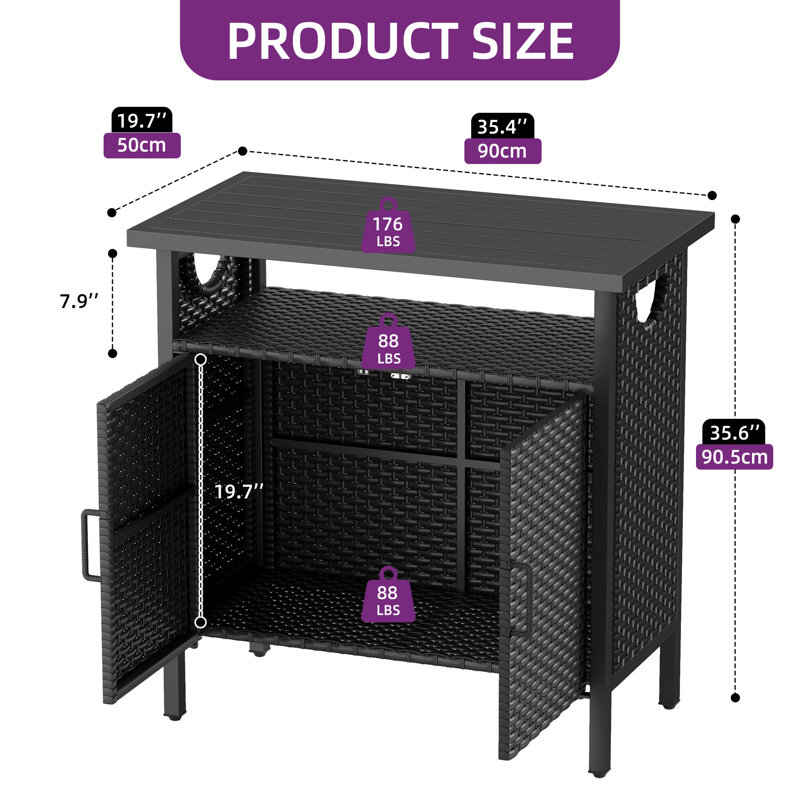 Outdoor PE Rattan Storage Cabinet – Weather-Resistant Wicker Bar Table with Double Doors, Black