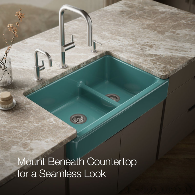 Whitehaven® 36" L x 22" W Double Basin Farmhouse/Apron Kitchen Sink, Teal