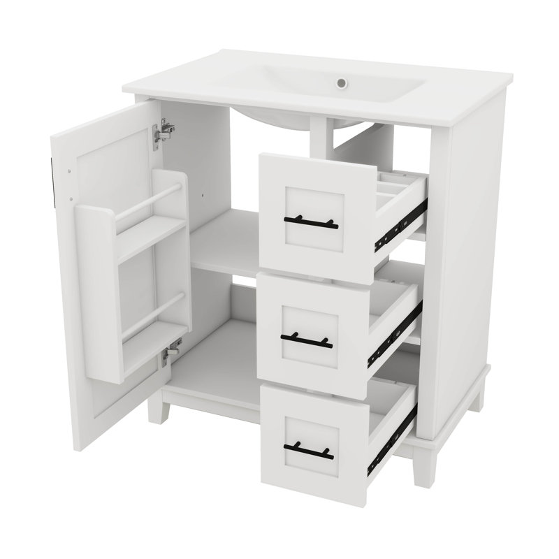 Meuble-lavabo de salle de bain tendance de 30 pouces avec une porte en céramique et des supports de rangement, Blanc