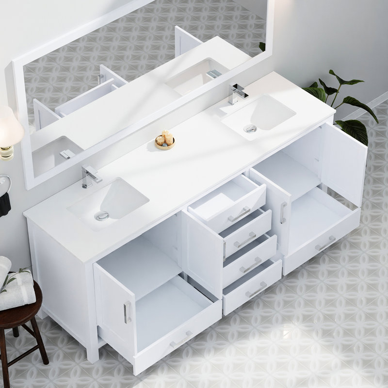 Meuble-lavabo double 80 po, comptoir en quartz, bois massif, design tendance Avec rangement blanc et 6 tiroirs, Blanc