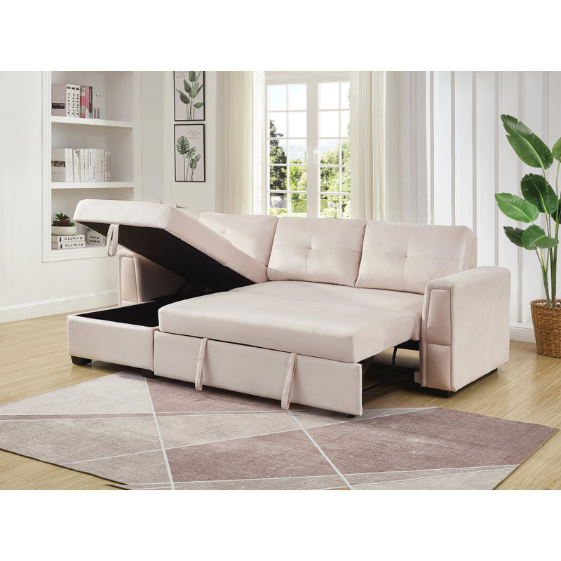 Blatnice 91" Wide Velvet Reversible Sleeper Sofa & Chaise with Storage, Cream Velvet, Left Hand Facing/Right Hand Facing