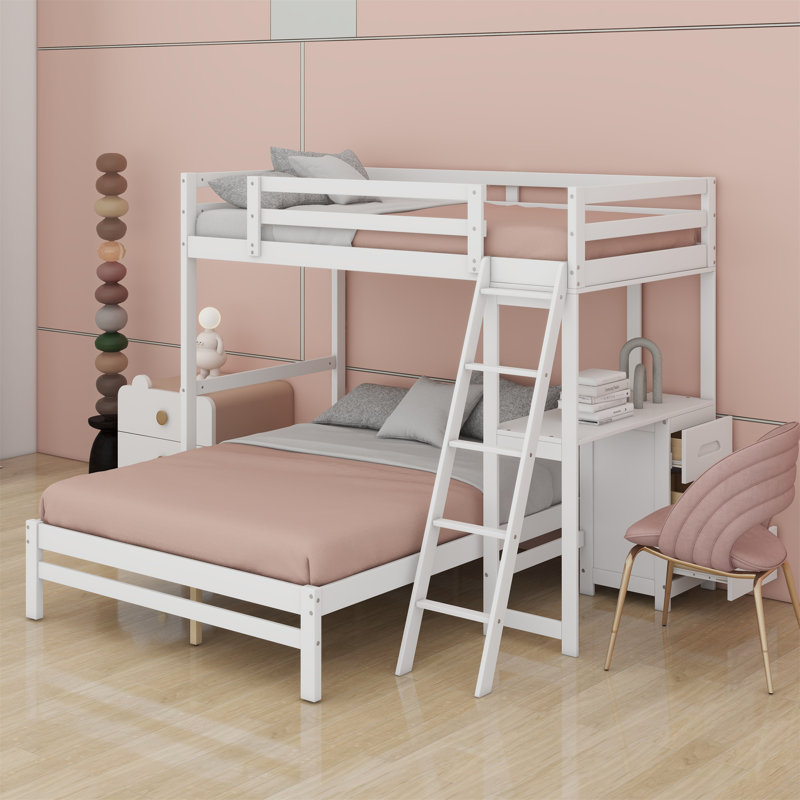 Lit simple superposé au dessus d'un lit double avec bureau et tiroirs, Blanc