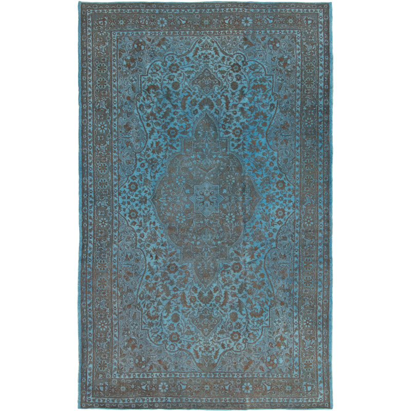 Tapis bleu unique en laine noué à la main Kosak de style années 1990 de 6 pi 9 po x 11 pi 1 po Kristy