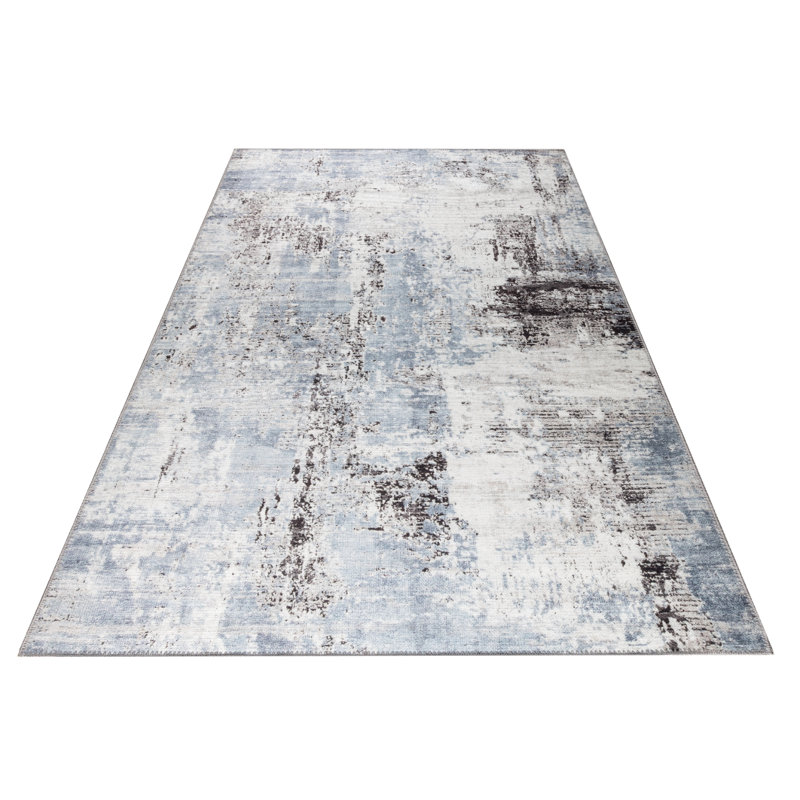 Abstract Machine Washable Area Rug Woven in Blue/Black/White, Rectangle 7'10" x 10'