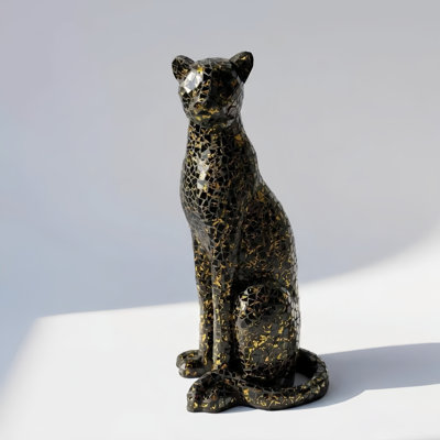 Sculpture de panthère assise en verre mosaïque craquelée de 30,7 po de hauteur, or