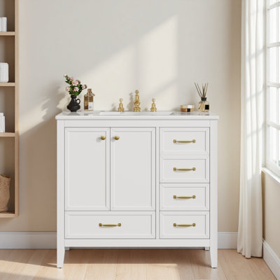 Meuble-lavabo de salle de bain avec lavabo, armoire de salle de bain avec porte à fermeture en douceur, 4 tiroirs de différentes tailles, structure et pied en bois massif, deux ensembles