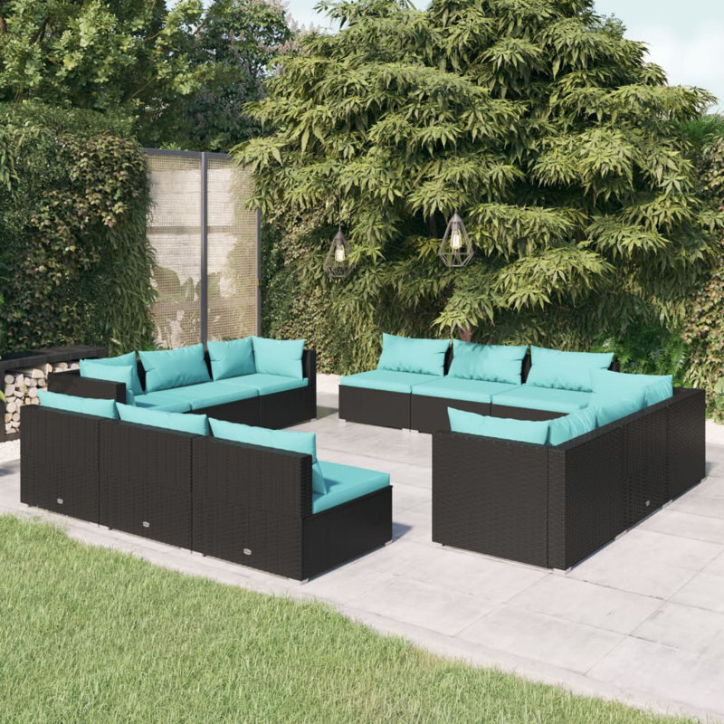 Ensemble modulaire de patio de 27,6 po de largeur avec coussins, 4x coin + 8x milieu, Bleu, Noir