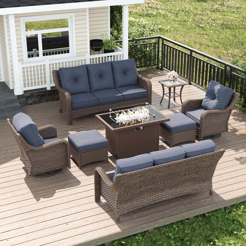  8 Piece Wicker Outdoor Furniture Set with 6-inch Comfy Cushions, High Back Patio Furniture Set with Swivel Rocking Chairs and Fire Pit Table