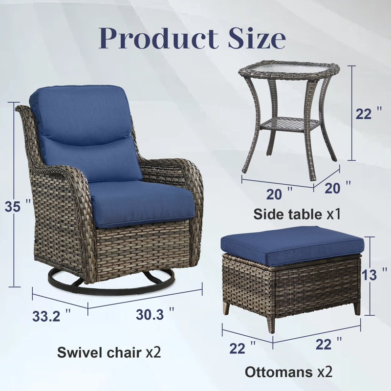 Ensemble de conversation d'extérieur 5 pièces Koba - Chaises berçantes pivotantes avec repose-pieds et table d'appoint, Gris