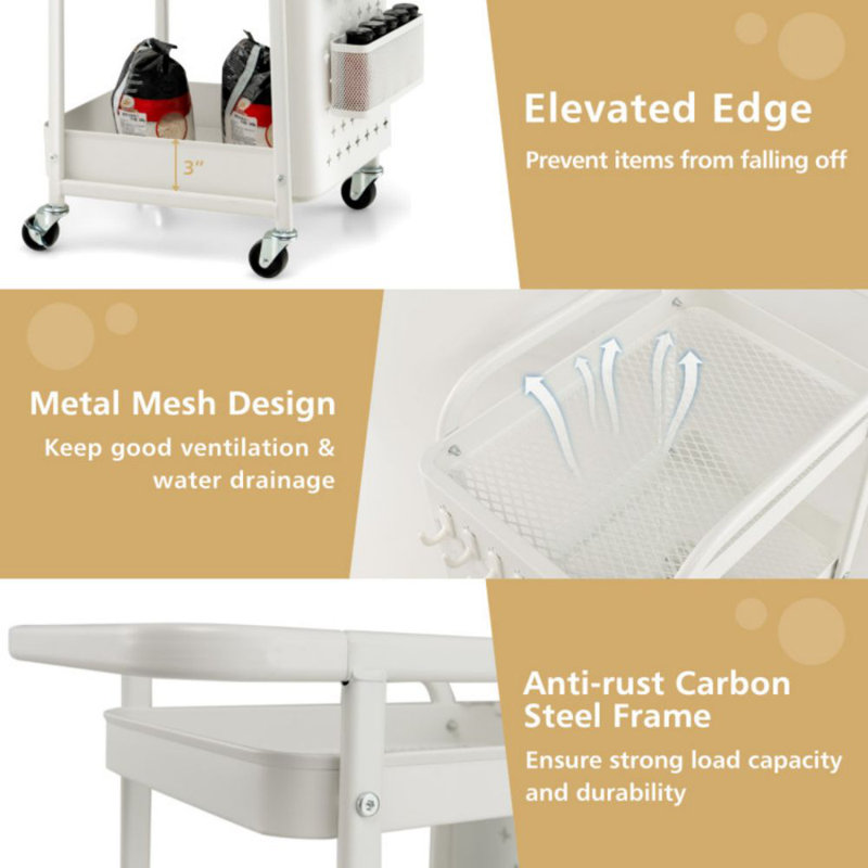White Powder-Coated Carbon Steel 3-Tier Utility Storage Cart with Pegboard Baskets