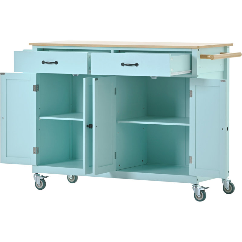Kitchen Island Cart With 4 Door Cabinet And Two Drawers And 2 Locking Wheels - Solid Wood Top, Mint Green