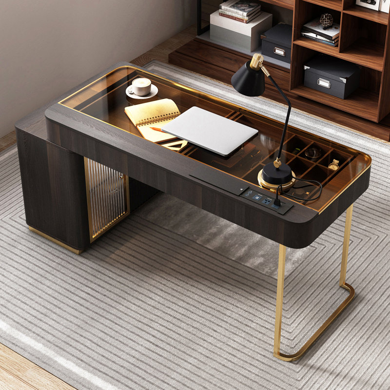 L-Shaped Computer Desk , Brown/Black/Gold, 29.5” H x 50“ W x 23” D
