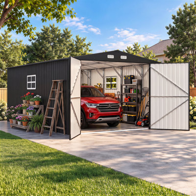 12' x 20' Outdoor Metal Carport with Double Front Doors and Side Entry Door for Parking and Storage