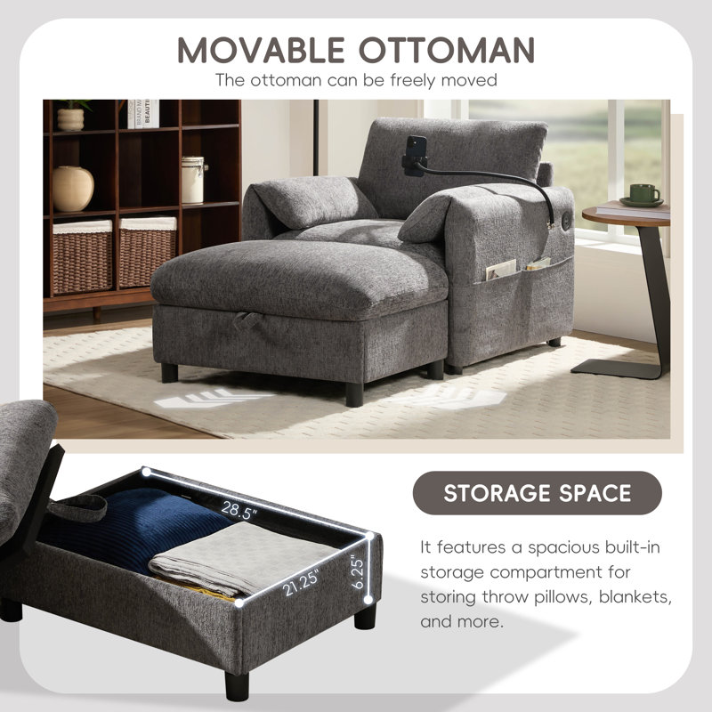 Canapé simple avec repose-pieds 56,5 po Chenille, Gris