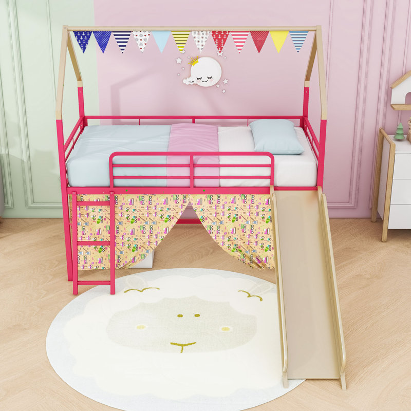 Twin Metal House Loft Bed With Slide And Ladder, Gold/Red
