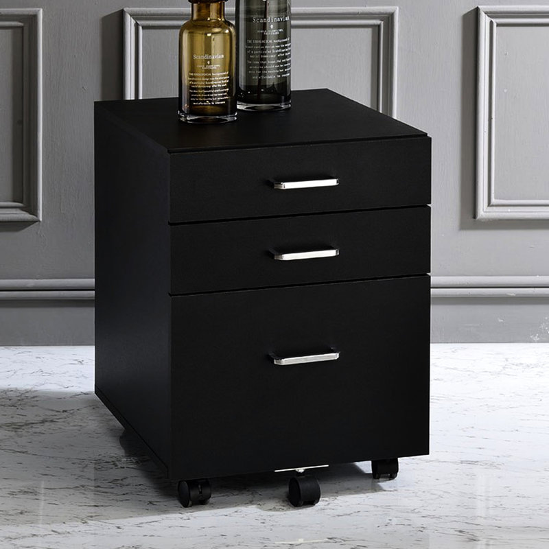 Armoire mobile noire et rectangulaire à 3 tiroirs, plateau épais de 15 mm, assemblé, 5 roulettes, système de rangement pour bibliothèque rectangulaire, tiroirs, poste de travail sophistiqué