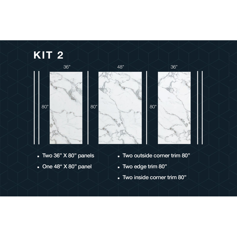 Polymarm 48" W 80" H 36" D Three Wall Composite Shower Wall Panel Surround, Calacatta Grey