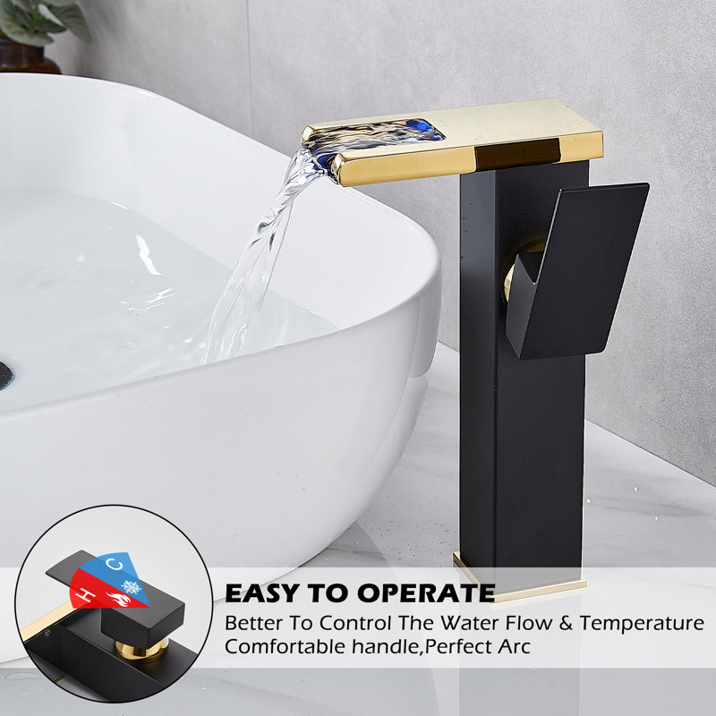 Black and Gold LED Waterfall Vessel Sink Faucet with Pop-Up Drain