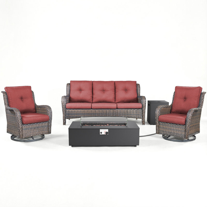 Deeomninia 4-Piece All Weather Wicker Patio Conversation Set With Swivel Gliders And Split Fire Pit Table