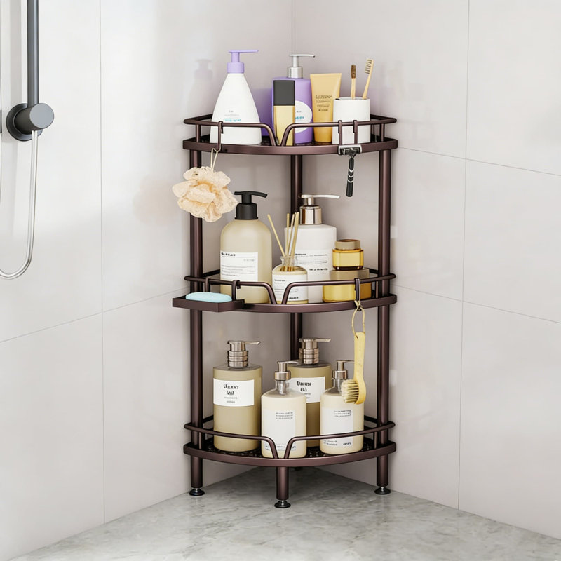 Corner Shower Caddy Stand - 3-Tier Floor Shower Organizer With Soap Holder, Adjustable Non-Slip Feet, 4 Hooks And Rustproof Stainless Steel Construction For Bathroom Storage