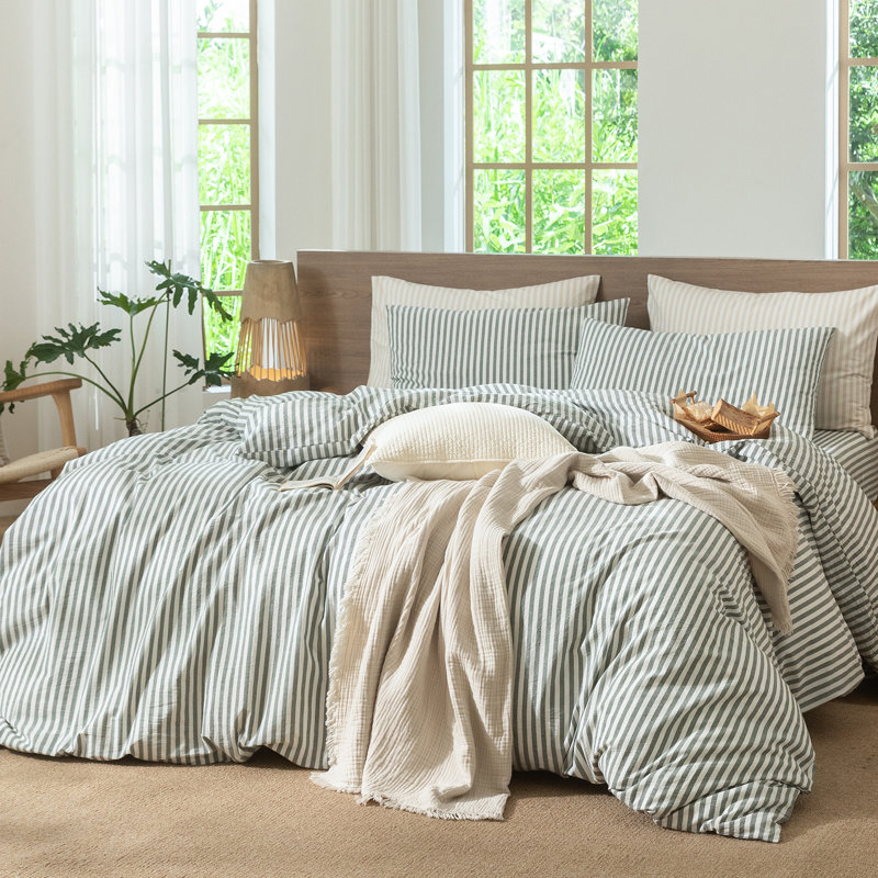 MooMee Striped Duvet Cover Set 100% Washed Cotton Linen Like Textured, California King Duvet Cover + 2 King Pillowcases