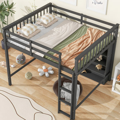 Gray Full Size Loft Bed With 8 Open Shelf Units And - Space Saving For Dorms, Solid Build Shelves In , Functional