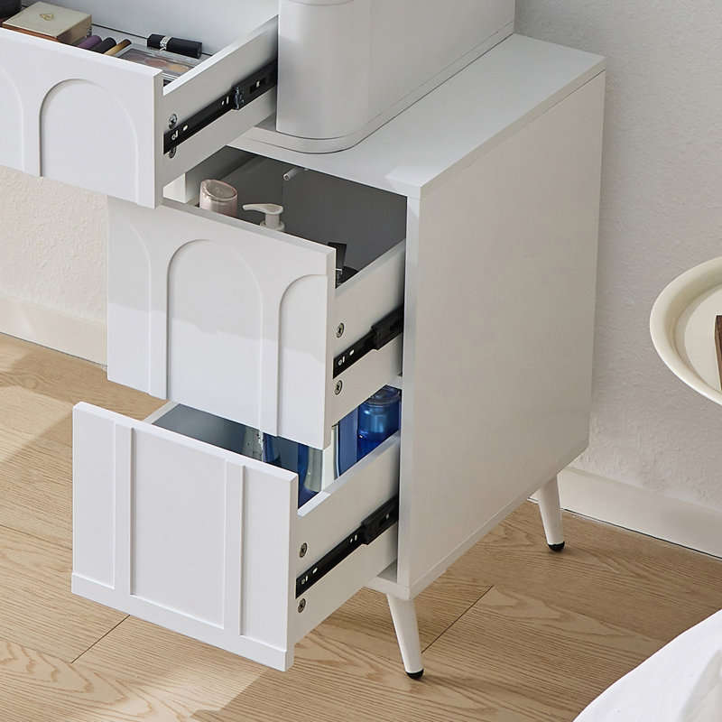 Meuble-lavabo moderne avec lumières DEL et miroir, ensemble de coiffeuse 4 tiroirs avec tabouret, luminosité réglable en 3 couleurs, peu encombrant pour la chambre à coucher, blanc