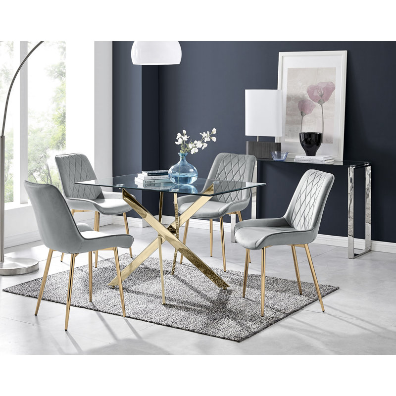 Lenworth Modern Metal and Glass Dining Table Set with 4 Velvet Upholstered Dining Chairs, Gray/Gold