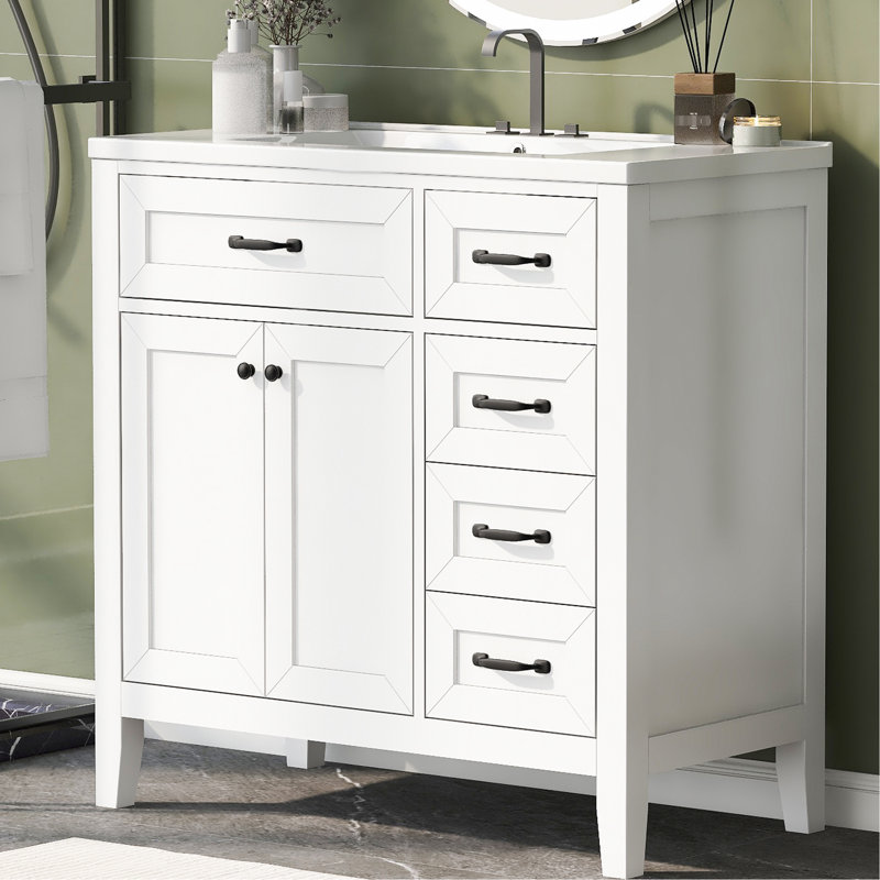 Armoire de salle de bain blanche 36 po - autoportante avec lavabo en céramique, tiroirs, lavabo, Noir, Blanc