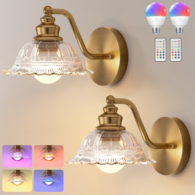 Battery Operated Wall Sconces Set of 2 with Remote, Vintage Wireless Wall Lights, Rechargeable & Hardwire Wall Lamp for Bedroom Living Room Hallway Decor（Clear Glass）