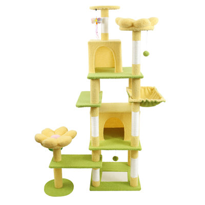 71 - Inch Yellow Cat Tree With Charming Flower Design, Stable Structure And Spacious For Cats' Comfort Inch, Tree, Structure, , Entertainment