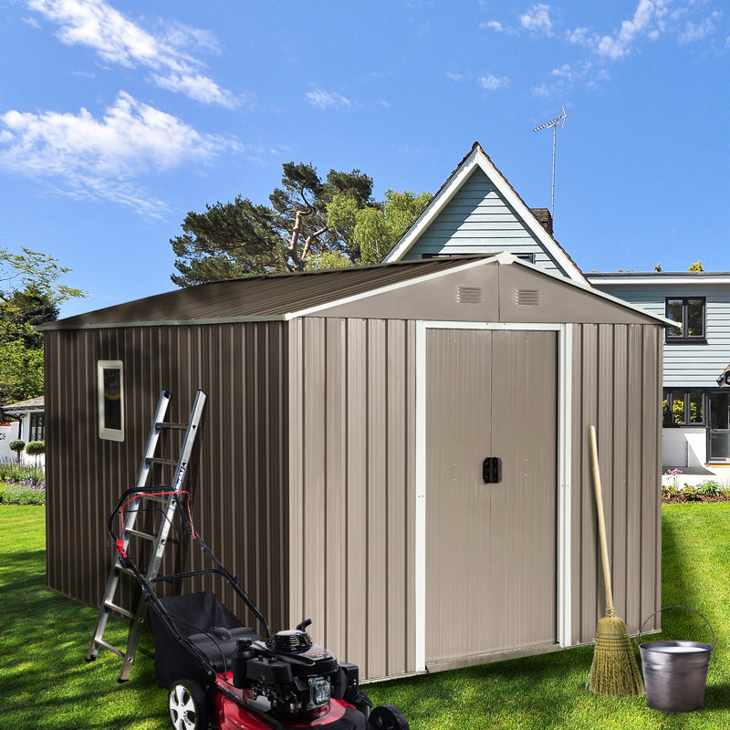 Remise extérieure en métal 8 pi x 10 pi avec structure en fer galvanisé gris, fenêtre, évents perforés pour une meilleure circulation de l'air, portes coulissantes et cadenas pour une ventilation, une porte et des ancrages faciles à construire