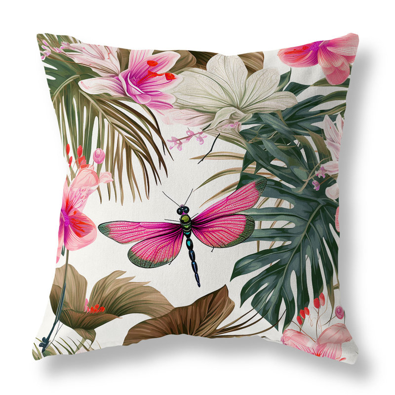 Oreiller réversible intérieur / extérieur Dragonfly Dreamscape, H 16 po x l 16 po, Vert / rose