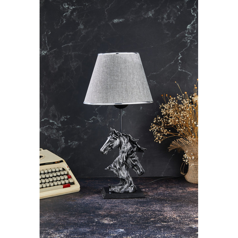 Elegant Table Lamp with Polyester Body and Wooden Base, 20.5 in Height | Fabric Cap (9.8 in Diameter) | On/Off Switch on Cable | CE Certified, E27 Socket Max 40W | American Traditional Wildlife Design, Silver & Black
