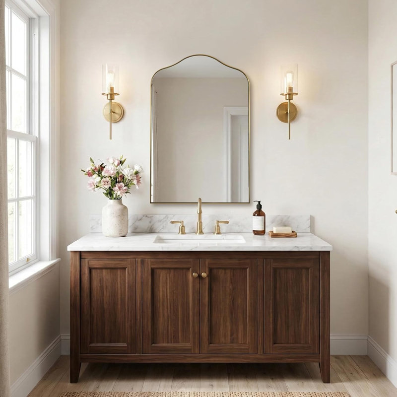 Aremi Contemporary Scalloped Arch Top Bathroom Vanity Mirror | Stainless Steel Frame, Brushed Gold, 36" x 24"