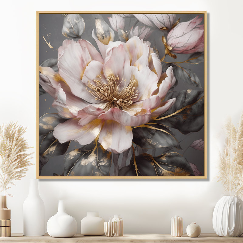 Rose et gris pivoines en fleurs III - pivoines, art mural, H 24 po x l 24 po, Cadre flottant érable